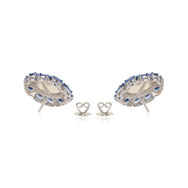 18k White Gold 14.24ct Fire Opal & Blue Sapphire Cluster Diamond Vintage Earrings- A Pair For Sale - Image 11 of 18