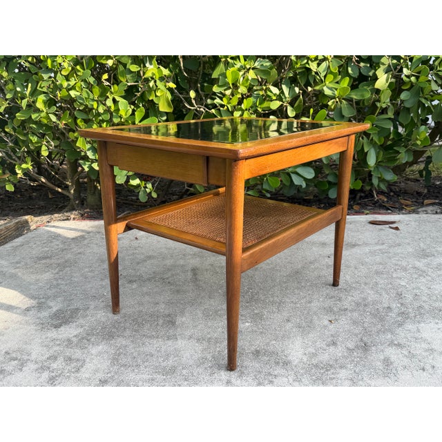 Mid-Century Modern Vintage American of Martinsville Mid-Century Walnut End Table With Cane Shelf, MCM For Sale - Image 3 of 12