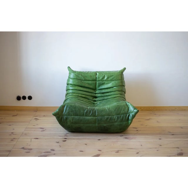 Green Dubai Green Leather Togo Lounge Chair by Michel Ducaroy for Ligne Roset For Sale - Image 8 of 8