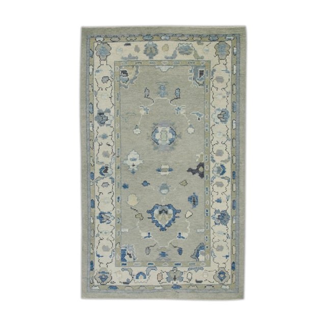 Textile Early 21st Century Green & Blue Floral Design Handwoven Wool Turkish Oushak Rug 3'10" X 6'1" For Sale - Image 7 of 7