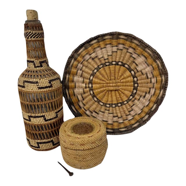 1900s Native American Basketry Style / Basket, Bottle & Tray - 3 Pieces For Sale