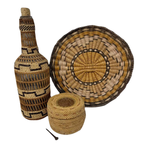 1900s Native American Basketry Style / Basket, Bottle & Tray - 3 Pieces