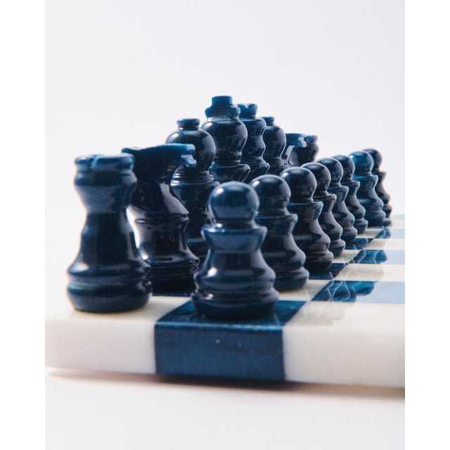 Lapis Blue/White Small Italian Alabaster Marble Chess Set For Sale In New York - Image 6 of 12