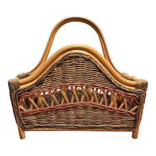 Vintage Mid Century Modern Rattan and Wicker Magazine Rack For Sale