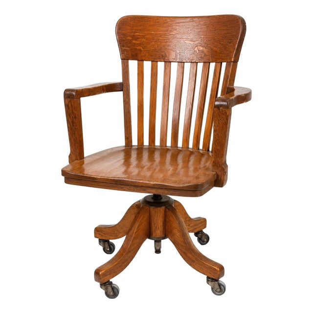 Antique Solid Oak Adjustable Swivel Office Chair With Original Cast Iron Mechanism & Casters, c.1900–1925 For Sale
