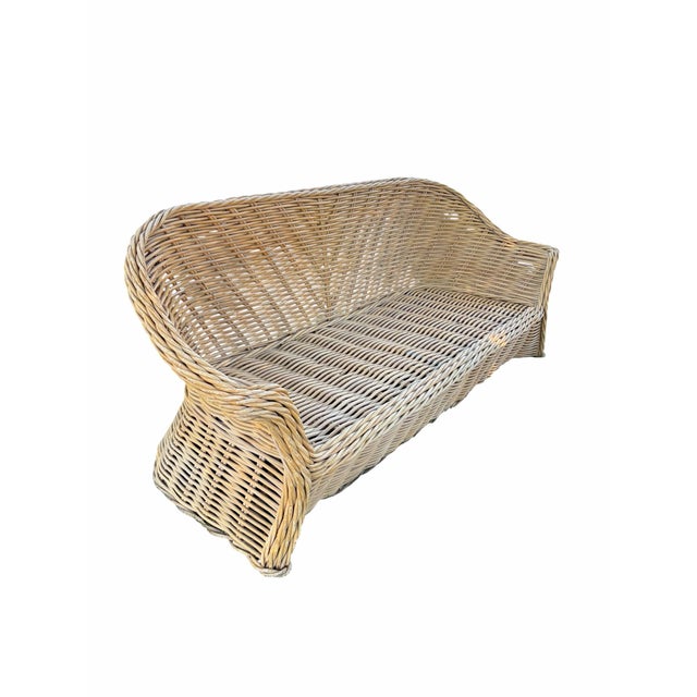 Wood Vintage Coastal Wicker Sofa With Channel-Tufted Cranberry Cushions For Sale - Image 7 of 10