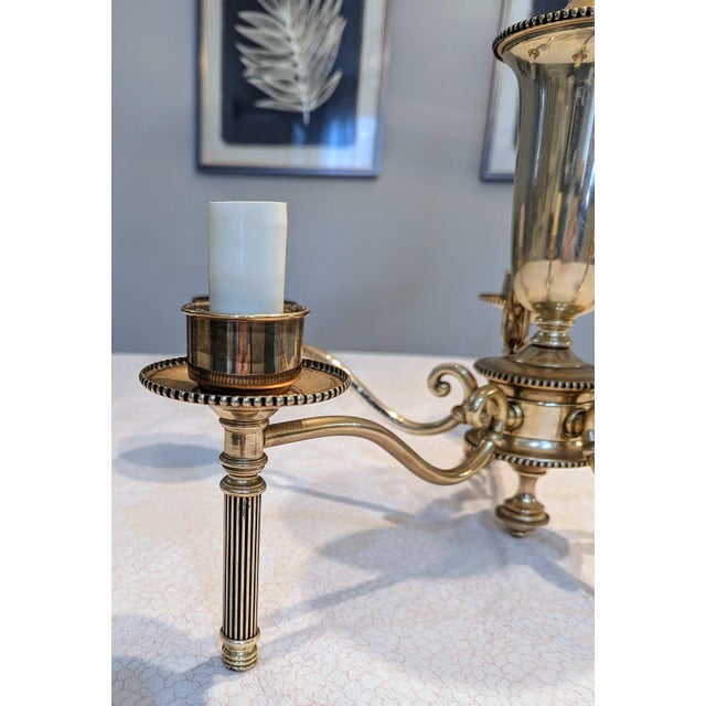 Brass Vintage French Argand Style Bouillotte Chandelier Five Light Etched Glass For Sale - Image 8 of 15