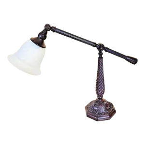 Ornate Polished Bronze Adjustable Bridge Desk Lamp With Frosted Glass Shade