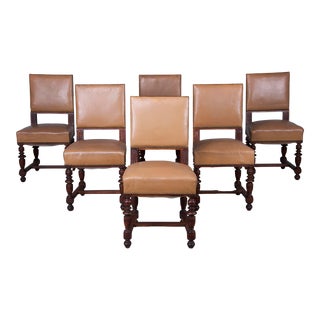 Antique French Napoleon III Style Walnut Dining Chairs W/ Beige Leather - Set of 6 For Sale
