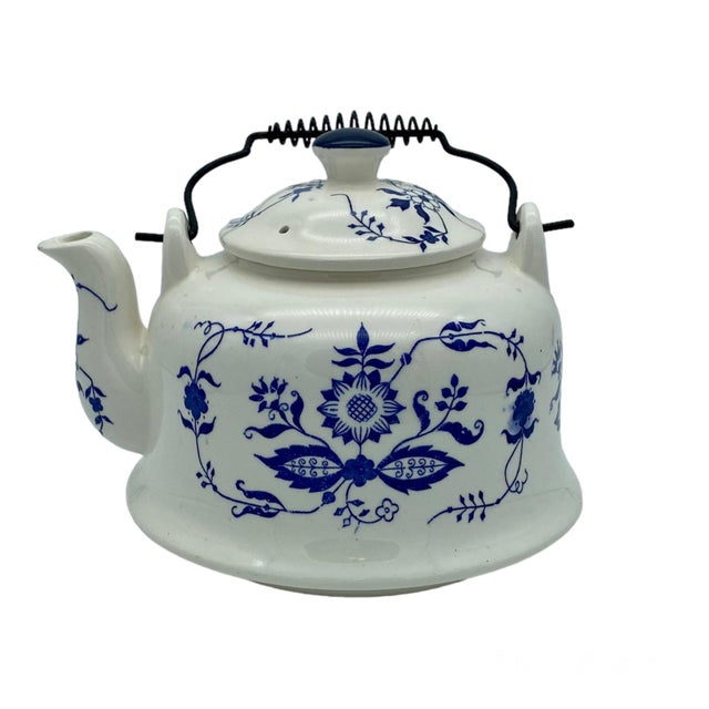 Vintage Blue & White Hand Painted Ceramic Tea Kettle For Sale - Image 4 of 4