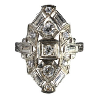 14k White Gold & Diamond Antique Art Deco Ring - Size 2.75 For Sale