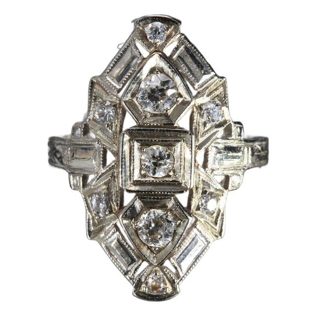 14k White Gold & Diamond Antique Art Deco Ring - Size 2.75 For Sale