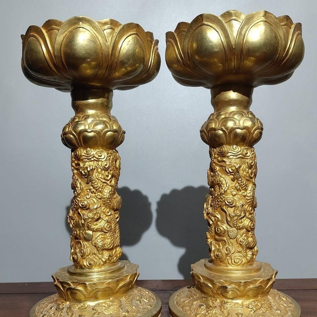 Late 20th Century Pair of Gilt Bronze Dragon Pillar Candle Holders For Sale - Image 4 of 10