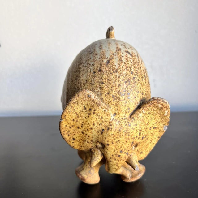 For your consideration, a mid-century modern studio art pottery elephant with Bird. Stoneware speckled hand thrown glazed...