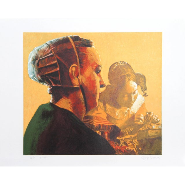 Modern George Deem, Woman in Green With Vermeer's Lacemaker, Lithograph For Sale - Image 3 of 3