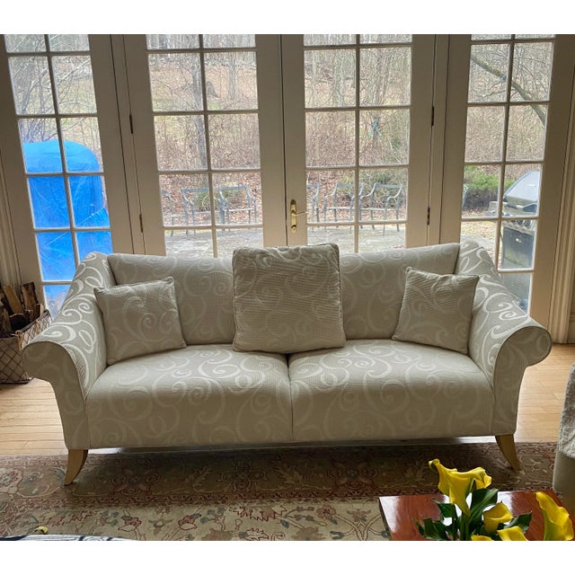 Contemporary Contemporary White Fabric Sofa With Swirl Pattern, Blond Wood Curved Legs For Sale - Image 3 of 8