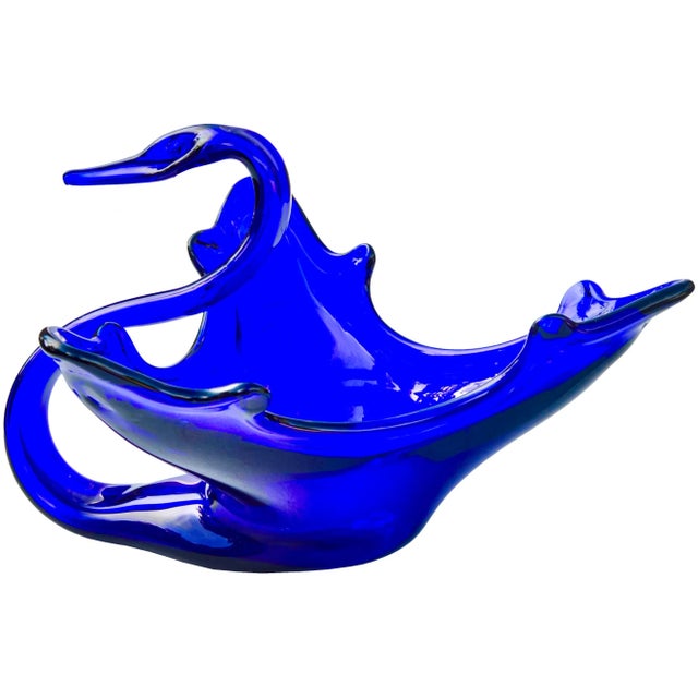 Mid-Century Handblown Cobalt Blue Art-Glass Swan Centerpiece For Sale - Image 4 of 9