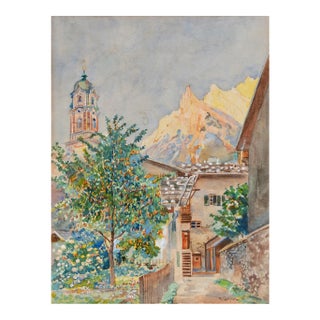 'South Tyrol Landscape With Church' by Reinhard Caspar, Modern German Watercolor, Karlsruhe, Dachau For Sale
