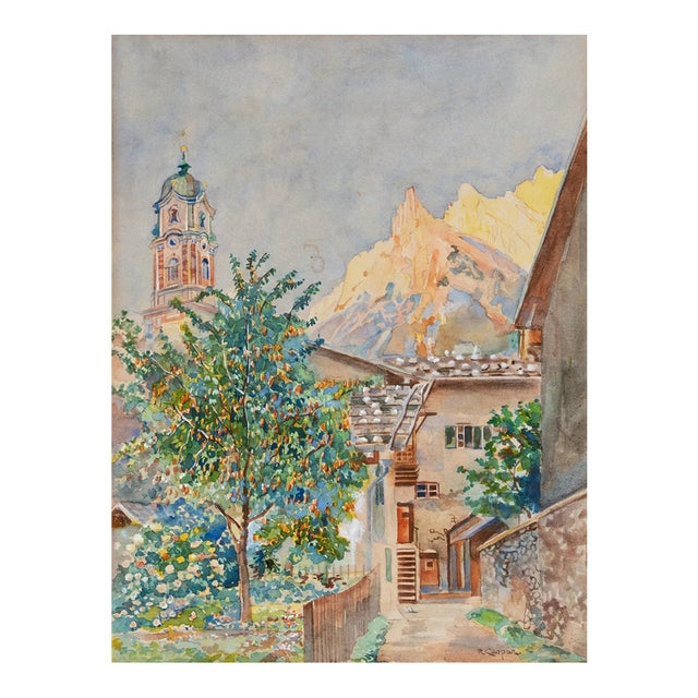 'South Tyrol Landscape With Church' by Reinhard Caspar, Modern German Watercolor, Karlsruhe, Dachau For Sale