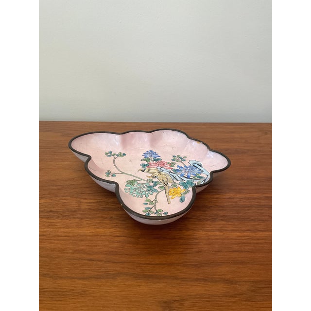 Antique Early 20th Century Chinese Export Enamel of Copper Butterfly Dish With Flowers and Birds For Sale - Image 4 of 11