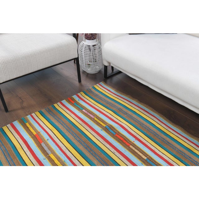 Textile Vintage Turkish Oushak Handmade Wool Cotton Green Kilim Area Rug For Sale - Image 7 of 11