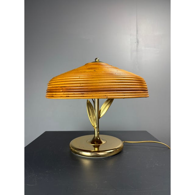 Mid-Century Pencil Reed Rattan Bamboo and Brass Flower Table Desk Lamp, Italy, 1980s For Sale - Image 15 of 15