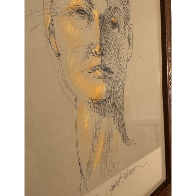 Wood Mid-Century Modern Female Portrait Original Pen and Ink Pastel Drawing by John P. Coleman For Sale - Image 7 of 15