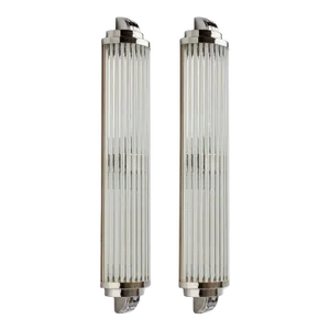 Vintage 1940s Large Pair Skyscraper Art Deco Wall Sconces Fixture in Nickel Brass & Frosted & Clear Glass Rod Ship Light
