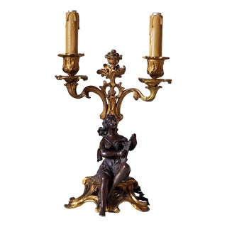 Antique Victorian Rococo Revival French Bronze Harpist Candelabra Table Lamp, 1870s For Sale
