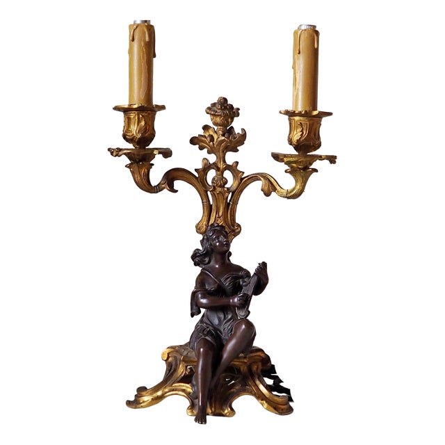 Antique Victorian Rococo Revival French Bronze Harpist Candelabra Table Lamp, 1870s For Sale