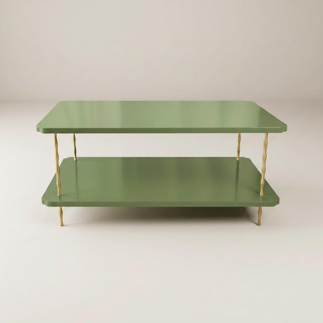 Not Yet Made - Made To Order Handcrafted Satin Forest Hills Green Lacquered Two-Layer Coffee Table With Brass Bamboo Legs For Sale - Image 5 of 6