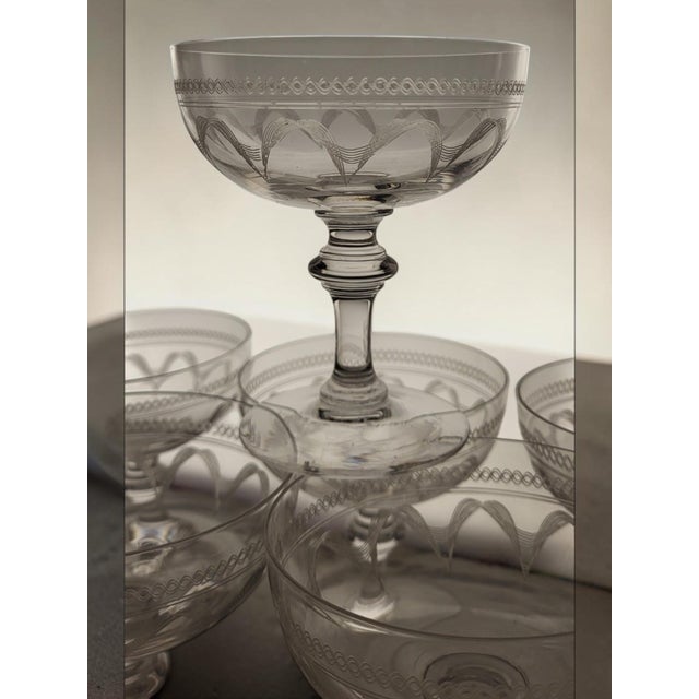 20th Century Engraved Crystal Champagne Coupes, 1920, Set of 9 For Sale - Image 3 of 8