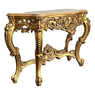 Antique Giltwood Rococo Style Console Marble Top Table For Sale