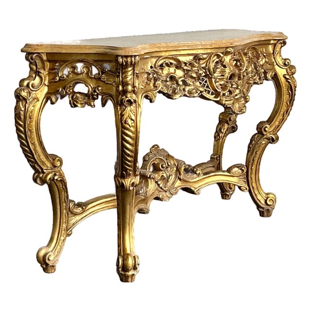 Antique Giltwood Rococo Style Console Marble Top Table For Sale