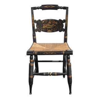 Vintage L. Hitchcock French Country Black Turtle Back Rush Seat Chair Stenciled For Sale