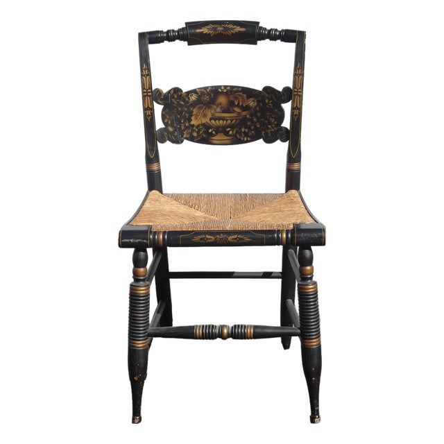 Vintage L. Hitchcock French Country Black Turtle Back Rush Seat Chair Stenciled For Sale