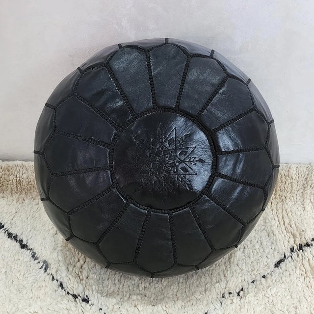 Art Deco Handcrafted Moroccan Black Leather Pouf Cover – Genuine Goat Leather Ottoman, Hand-Stitched Marrakech Artisan, Minimalist Boho Decor For Sale - Image 3 of 8