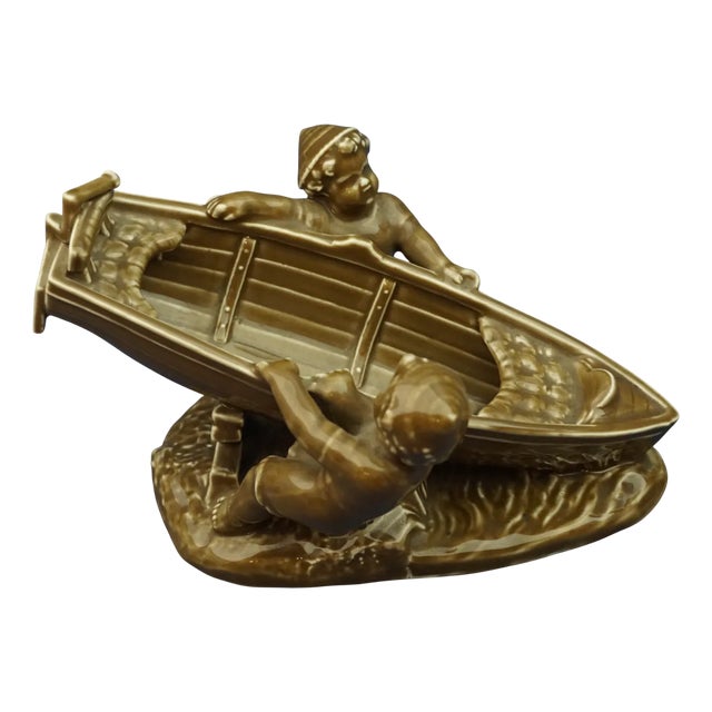 19th Century Ceramic Sculpture of Children with a Boat from Schlaggenwald, Bohemia, Austria For Sale
