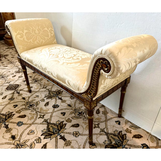 Neoclassical Carved Mahogany and Gilt Scroll Arm Window Bench Seat For Sale - Image 10 of 12