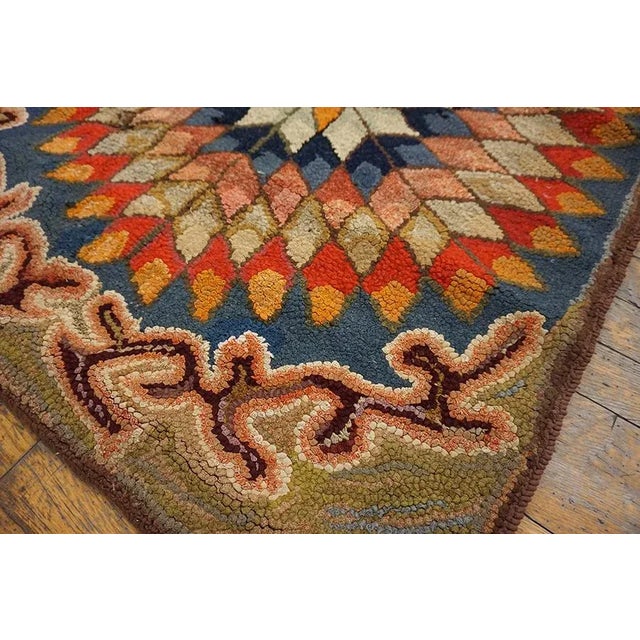 Textile Excellent Multicolored With Unique Symmetrical Desing Forming a Star in the Center Antique American Hooked Rug For Sale - Image 7 of 13