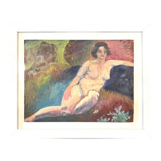 Vintage Reclining Women Oil Painting on Wood Mounted in White Frame. For Sale