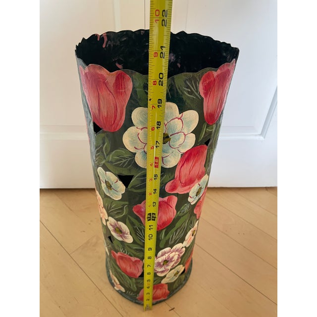 Chippendale Vintage Black Metal Umbrella Stand Hand Painted Flowers Tulip and Leaves For Sale - Image 3 of 10