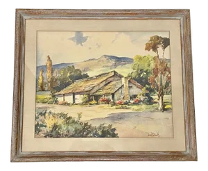 Davis Francis Schwartz "Historic First Theater, Monterey County" Original Watercolor C.1950