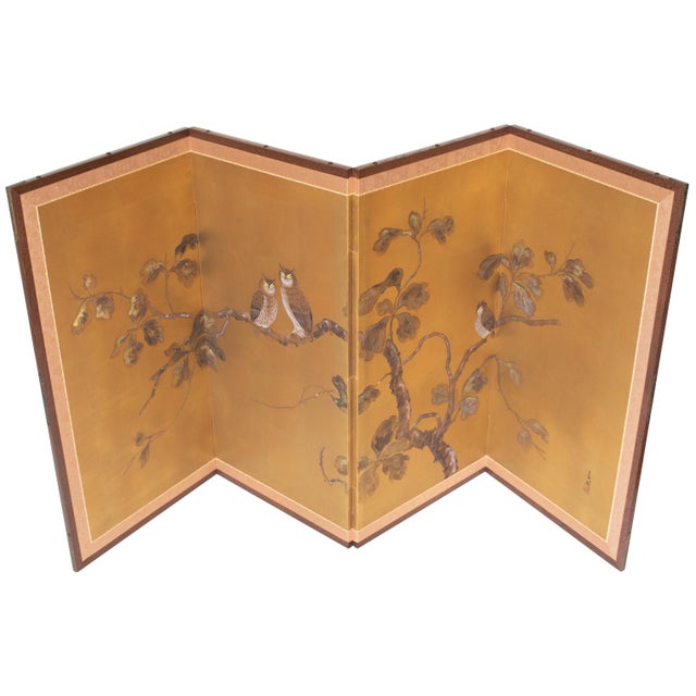 "Owl Family" by Shunko, Late Showa Painted Japanese Byobu Screen For Sale - Image 17 of 18
