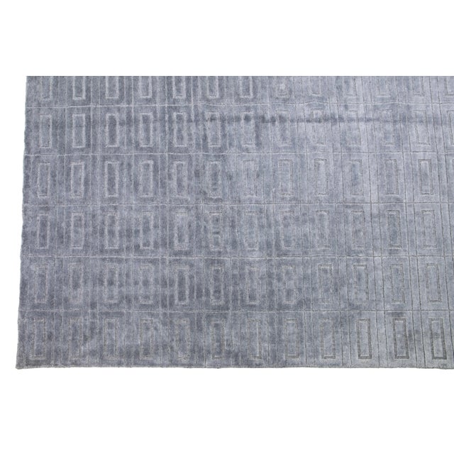 Comtemporary Handmade Wool & Silk Rug With Gray Geometric Pattern For Sale - Image 4 of 8