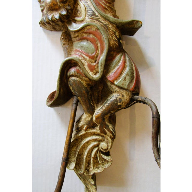 Opposing Pair of Polychrome Hand Carved Wood and Iron Monkey Wall Sconces C 1920 For Sale - Image 12 of 16