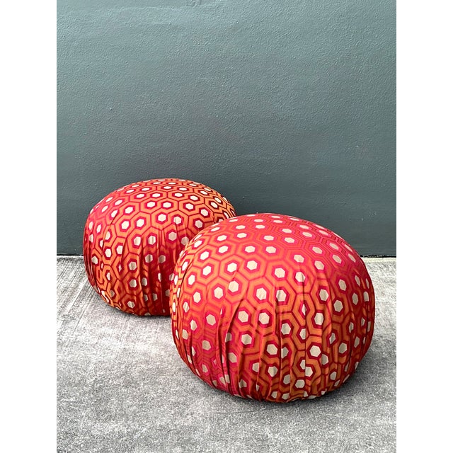 Vintage Geometric Fabric Poufs - Pair For Sale - Image 4 of 12