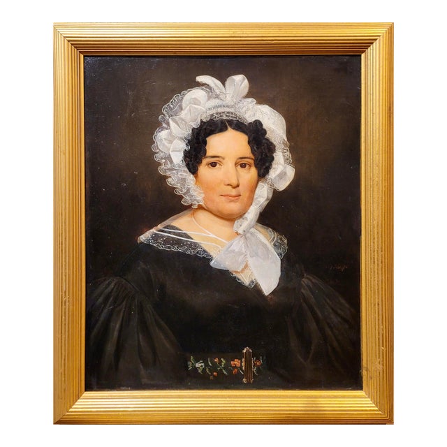 Portrait of a Lady Wearing a White Lace Bonnet-19th Century Oil Painting For Sale