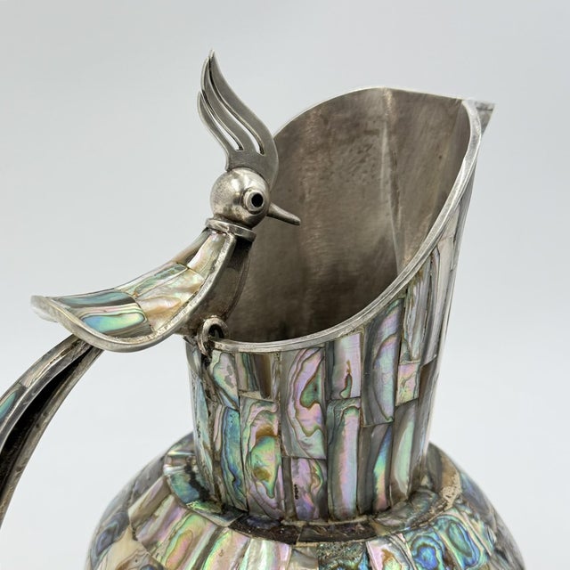 1960s Mexican Alpaca Silver & Abalone Bird of Paradise Pitcher Set - 7 pcs For Sale - Image 15 of 18