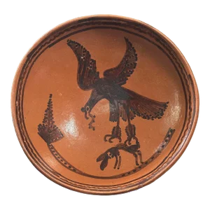 Vintage Mexican Folk Art Redware Terracotta Bowl With an Eagle and Snake